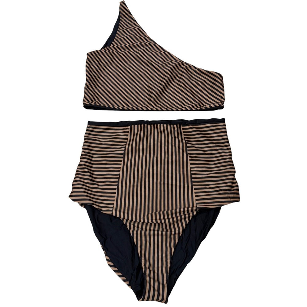 BAIIA Reversible One Shoulder High Waisted Striped Bikini Set Black Bronze US 18